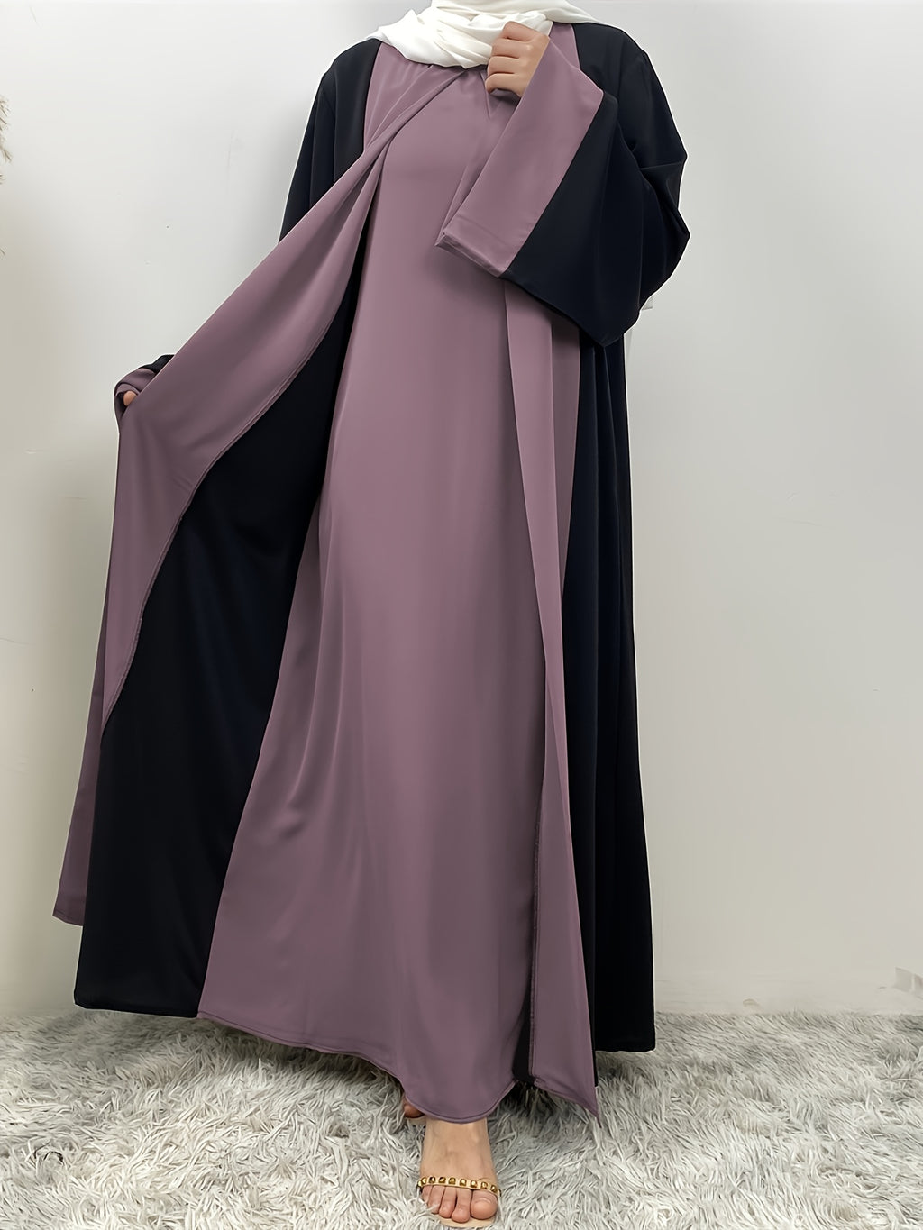1pc Elegant Muslim Dress with Niche Minimalist Color-Block Design, Fluid and Solid-Paneled, Loose and Unrestrictive, Breathable and Non-Stuffy, Suitable for All Seasons - Purple