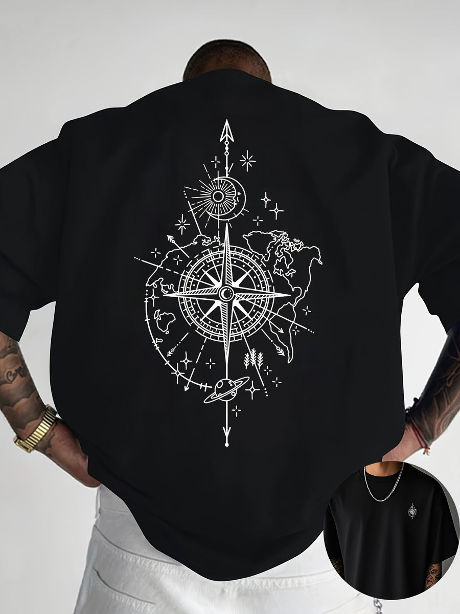 Creative Front and Back Print Round Neck T-Shirt, Pure Cotton Summer Fashion Short Sleeve Top for Casual Daily Style Essential Outing Gift Choice - Space Black