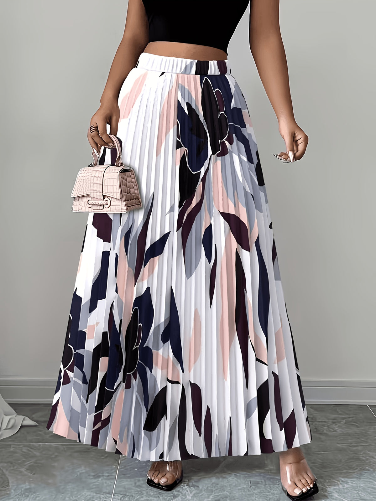 Elegant Women'S Midi Skirt, Long Skirt, Sun Pleated, Pleated Half Skirt, Elastic Waistband, Machine Washable, Fabric - Multicolor