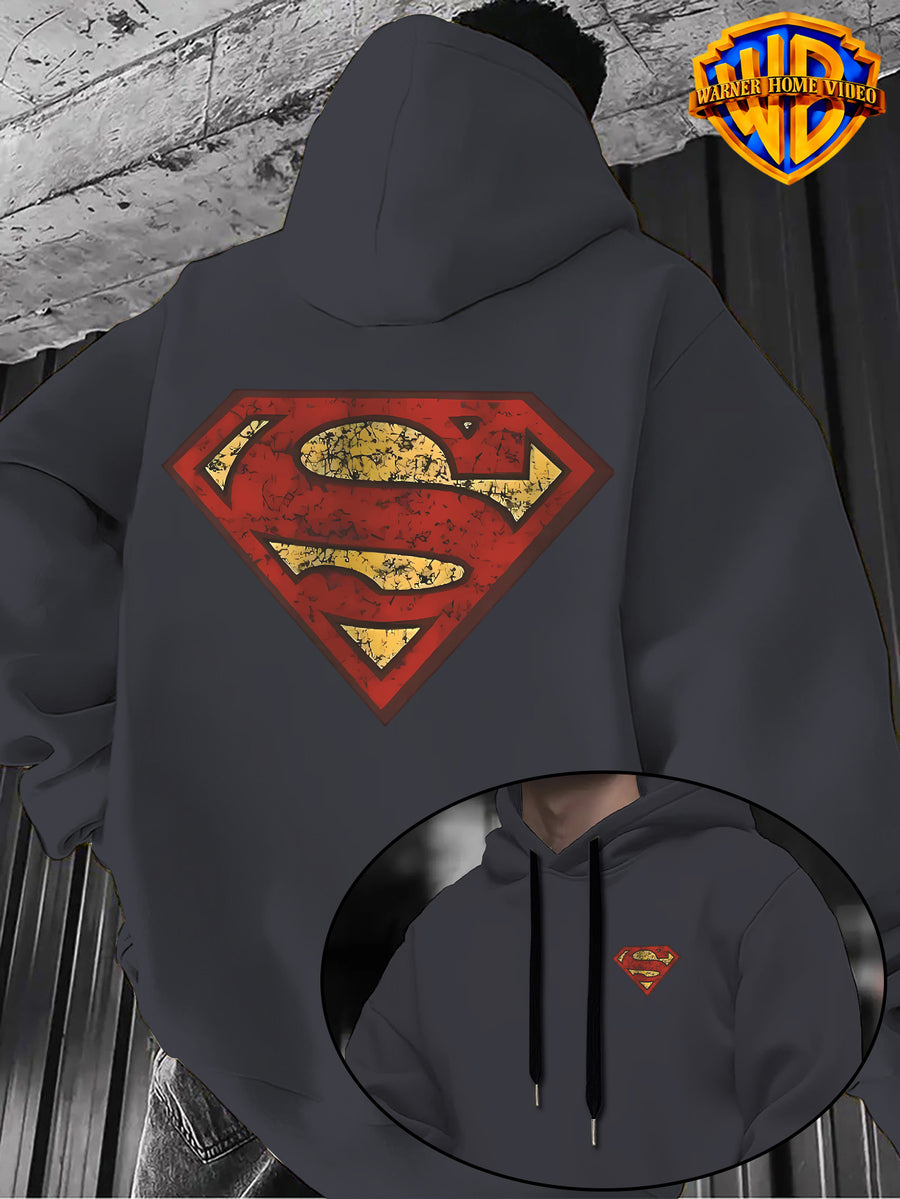 WB Warner Bros Official Superman Vintage Hoodie - Men's & Unisex Distressed Shield Logo Sweatshirt with S-Shield Back Print, Adjustable Hood, Loose Fit, Double-Sided Iconic WB Logo & Superman Emblem for Casual Wear, Machine Washable Warmth - Dark Gray