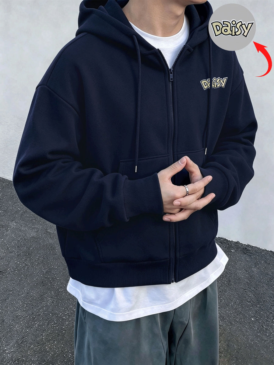 Men's Solid Color Drop Shoulder Zip-Up Sweatshirt, Double-Layer Hooded Sweatshirt Jacket, Long-Sleeve -Lined Jacket, Men's Zip-Up Cardigan for Spring/Autumn Casual Wear, Cropped Hooded Sweatshirt with Pockets and Drawstring, Suitable for Outings - Navy Blue 2