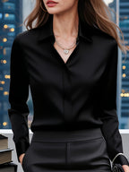 Fashion Casual Solid Color Commuter Shirt for Women, Classic Black Long Sleeve Shirt Top, Machine Washable, Anti-Peek Hidden Button Placket, Versatile Shirt Top - Black