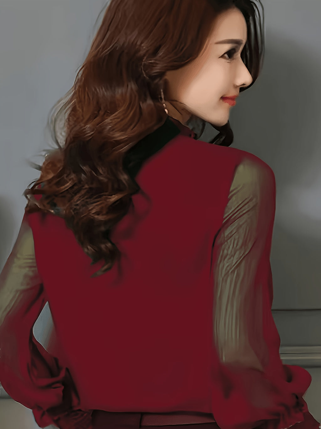 Women's Elegant Office and Daily Shirt - Stand Collar Long Sleeve Non-Sheer Professional Top, All-Season Machine Washable Formal Casual Style Q305 - Burgundy