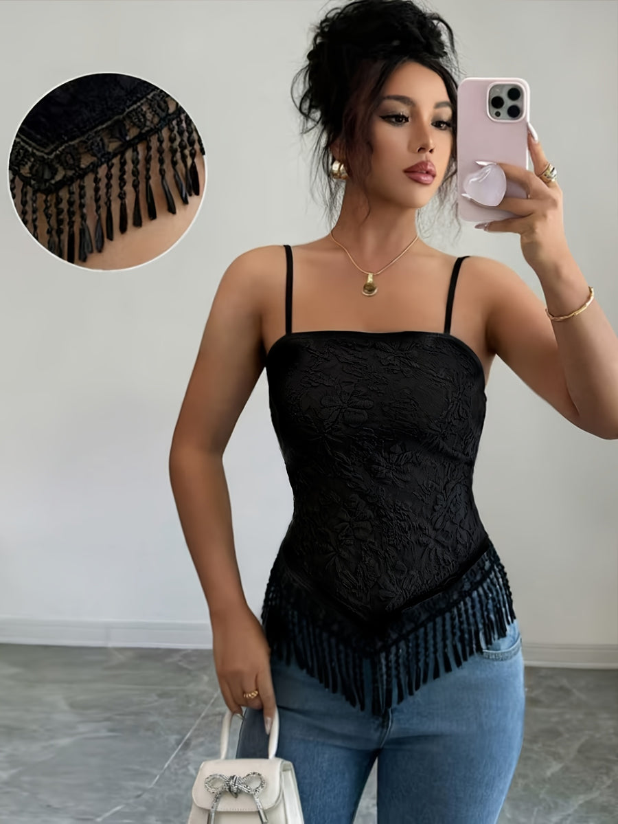 2026 Vintage Lace Camisole for Women with Fringe Hem, Embroidered Waist-Cinching Top, Niche Sexy Outerwear/Innerwear Layering Base Layer - Black