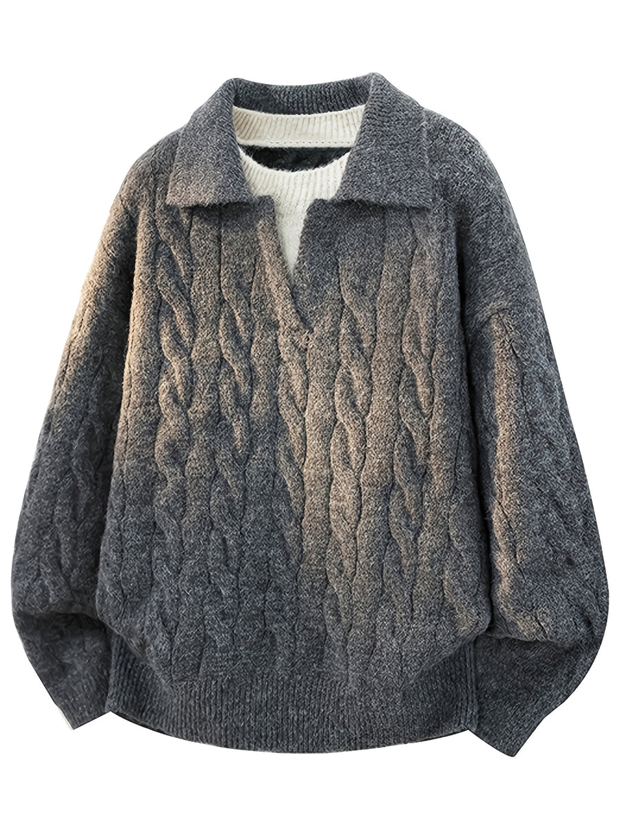 Autumn Winter Polo Neck Sweater Faux Two-Piece Pullover Knit Thick Inner Top - Dark Gray