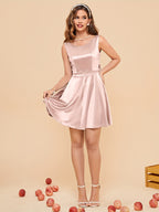 Bow Back Decorate Solid Mini Dress, Elegant Sleeveless Dress for Party & Banquet, Women's Clothing, Birthday Dress Wedding occasion engagement party ceremony - Pink