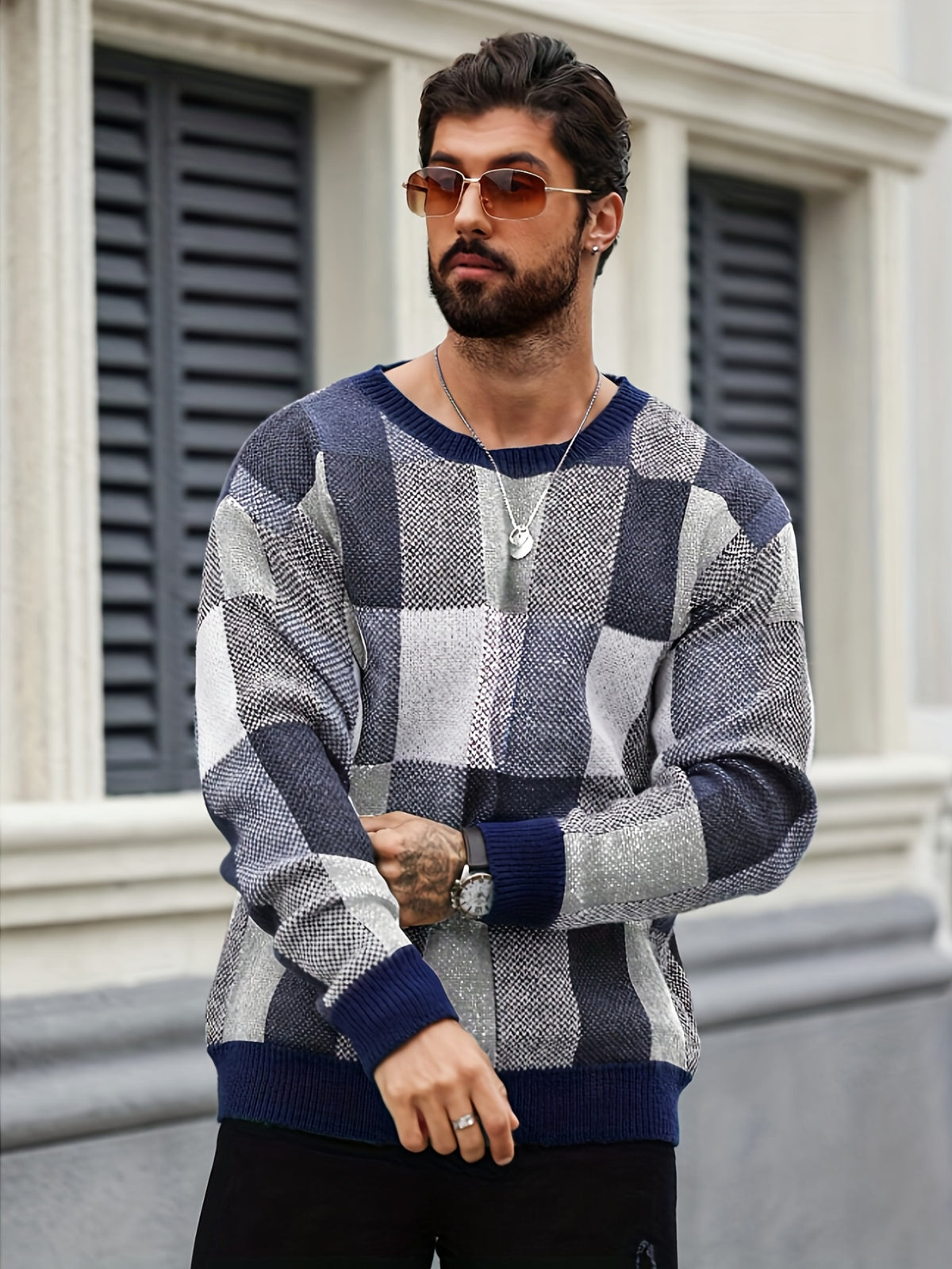 Men'S Casual Color-Block Checkered Design Loose Knit Pullover, Trendy Blocked Long Sleeve Round Neck Sweater, Suitable for Fall Winter Wear, Fashion Statement Piece - Navy Color