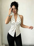 Women's Polka Dot V-Neck Twist Knot Backless Crop Top, Elegant Summer Tea Party Design, Fashionable Item, Essential for Dates and Cocktail Parties - Apricot