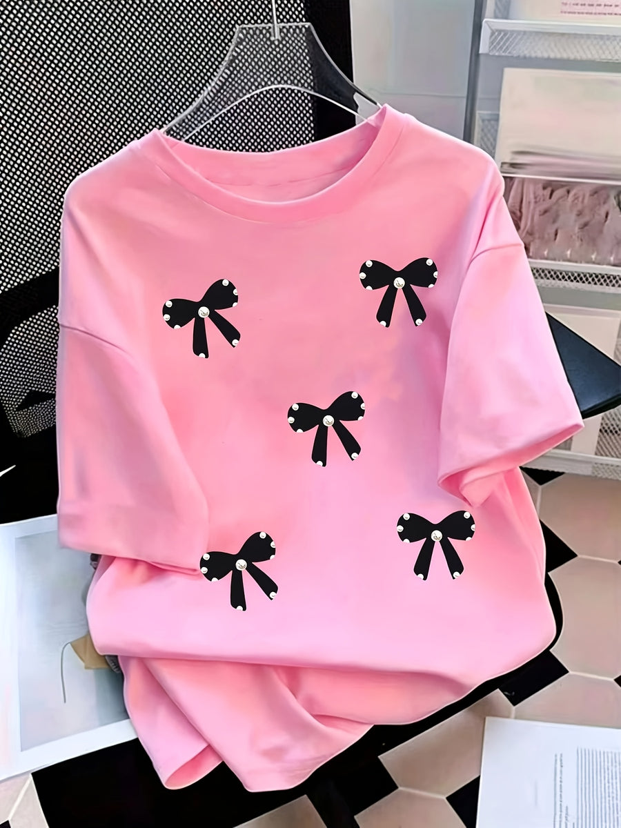 Black Bow Pearl Graphic Print Short-Sleeve T-Shirt, Comfortable Casual Top, Multiple Sizes Available, Perfect for Daily Wear And Weekend Outdoor - Pink