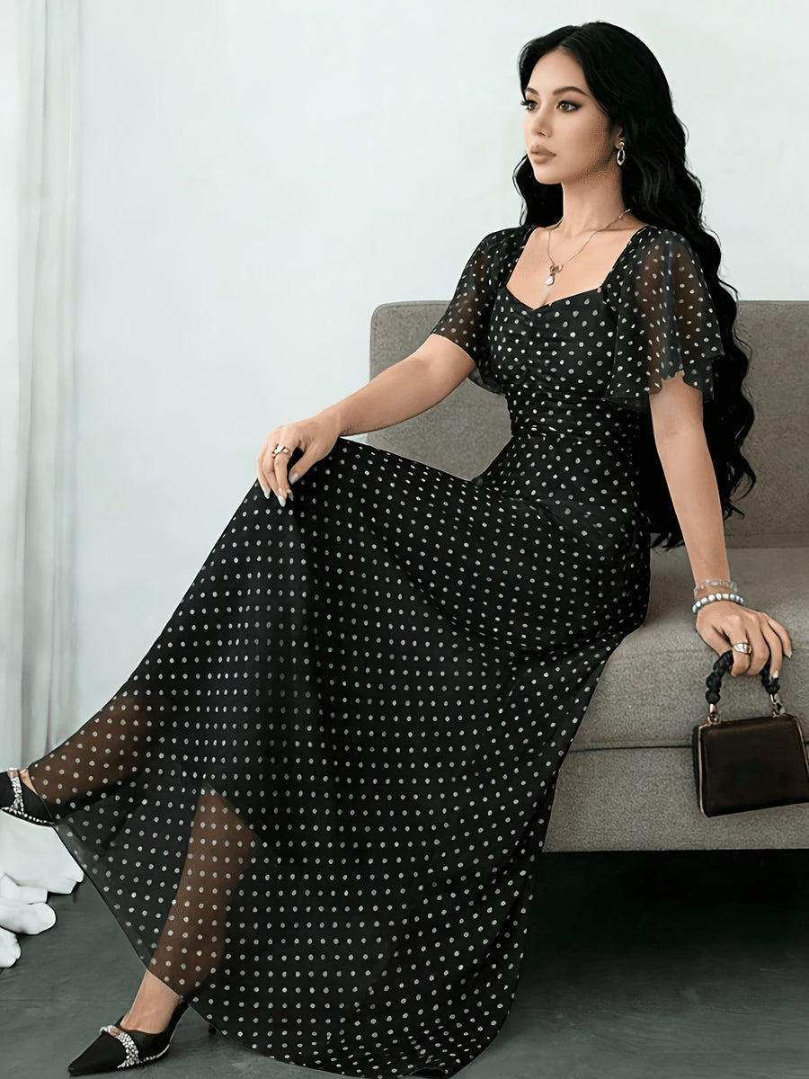 New Summer 2026 Chiffon Polka Dot Print Batwing Sleeve Sweet French-Style Mini Dress, Summer Maxi Dress - White Dots On Black Background