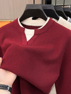 Men's Small V-Neck 2-in-1 Look Waffle Knit Textured Fabric Color-Blocked Double-Layer Neckline Soft, Warm, and Cozy Pullover Top for Spring and Autumn Casual Layering - An Hong