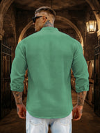 Men's Solid Color Casual Stand Collar Button- Long Sleeve Shirt. The Solid-colored Fabric Offers a Comfortable Feel, Making It a Great Gift for a Husband or Boyfriend for Home, Outings, Travel, and Beach Vacations. Men's Long Sleeves, Men's Tops - Green