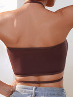 Women's Neckhalter Crop Tops Sexy Y2K Shirts with Cross Straps Waistline No Padded Bra Tops Lingerie - Coffee Brown