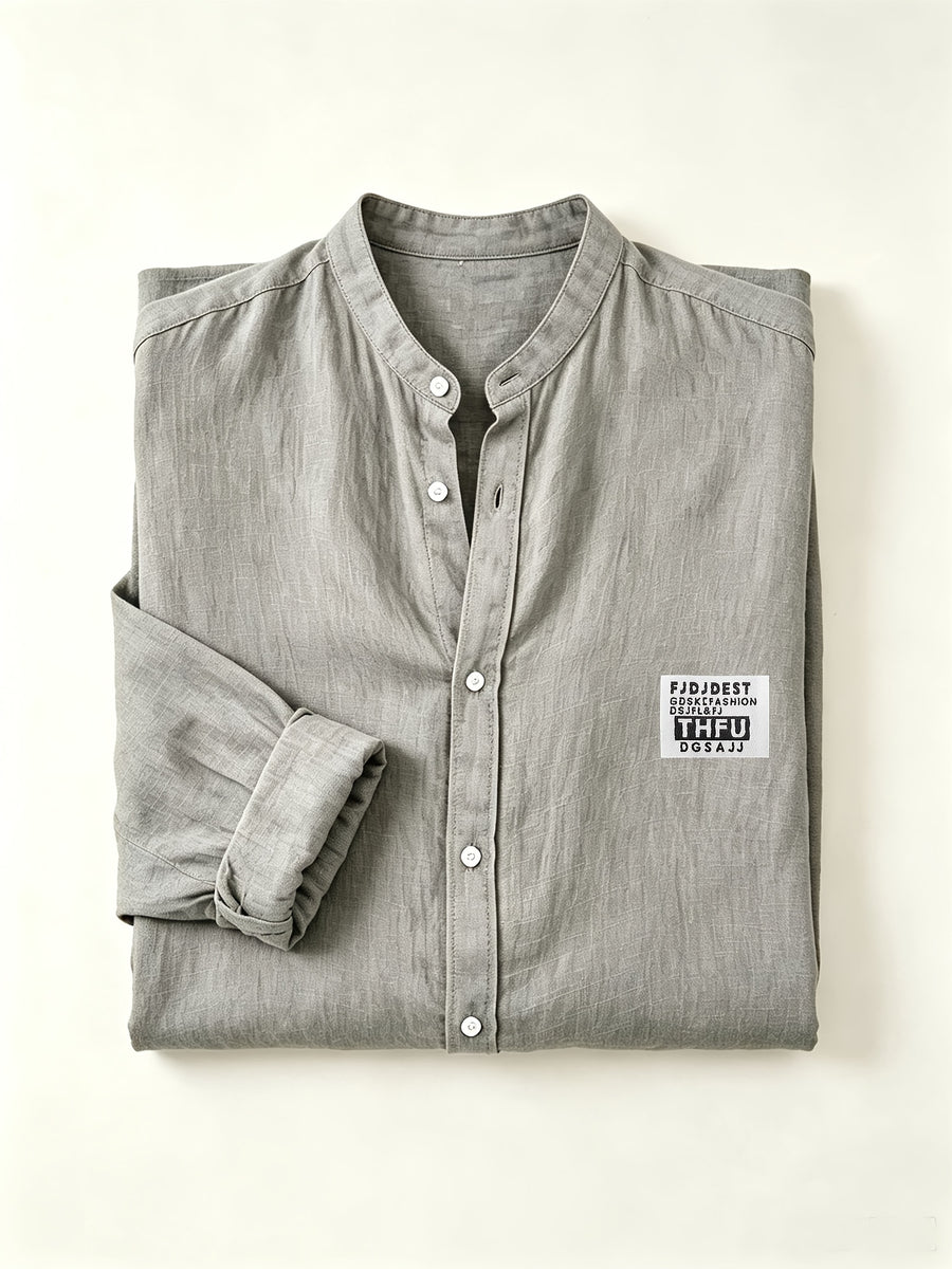 Men's Linen Long-sleeve Shirt, Small Stand-up Collar Button- Casual Shirt, Solid Color Simple and Versatile Style, Suitable for Spring and Autumn Outdoor Activities, Travel and Vacation, and Daily Commuting Wear - Space Gray