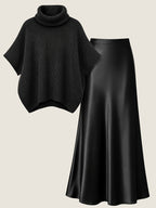 Autumn Winter Fashion Lazy Style Turtleneck Cloak Sweater And Premium Satin Fishtail Half Skirt, Temperament Elegant Commute Two-Piece Set - Black
