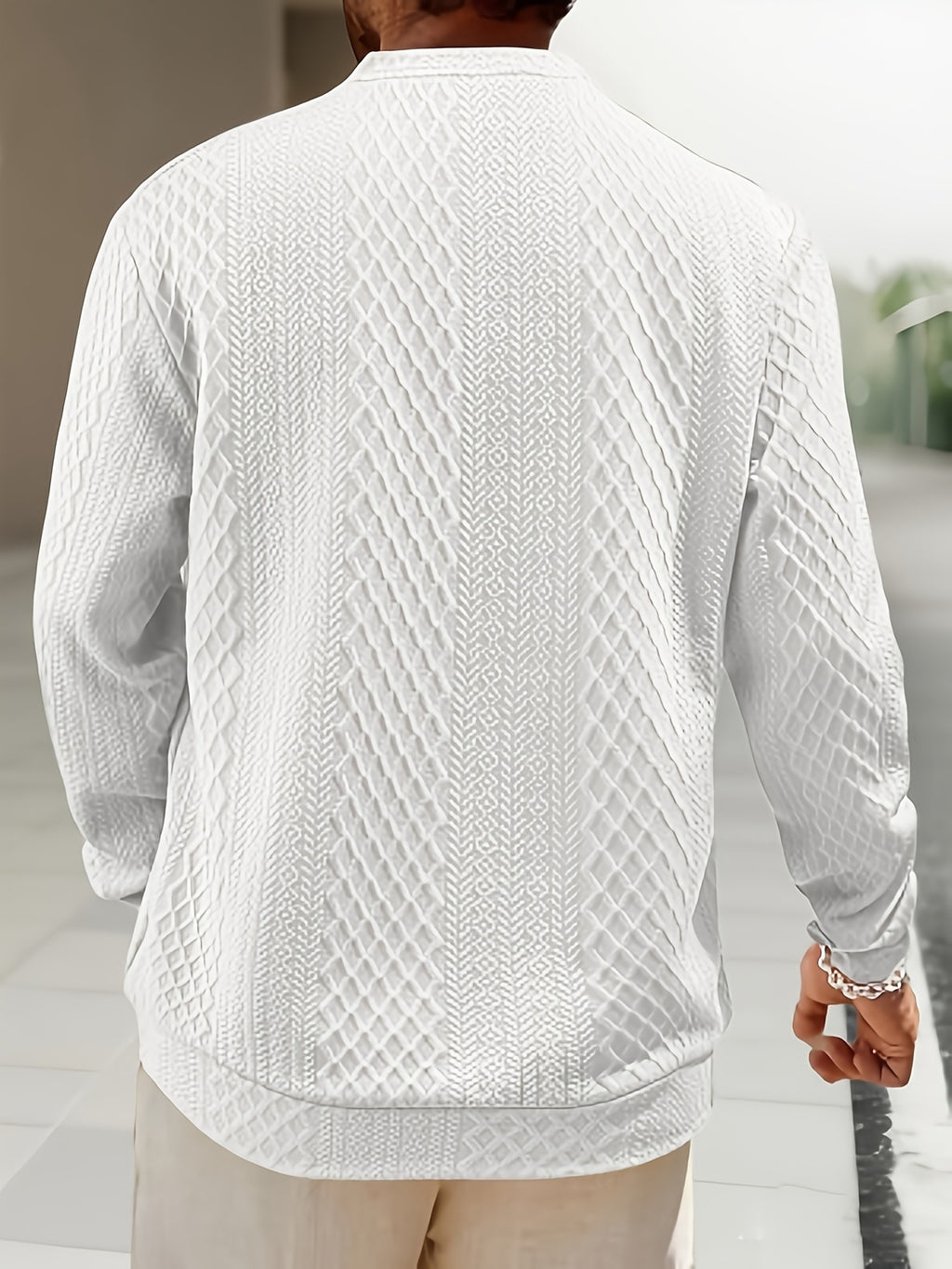 Men's New Autumn/Winter Jacquard Two-Button Casual Crew Neck Sweatshirt - White