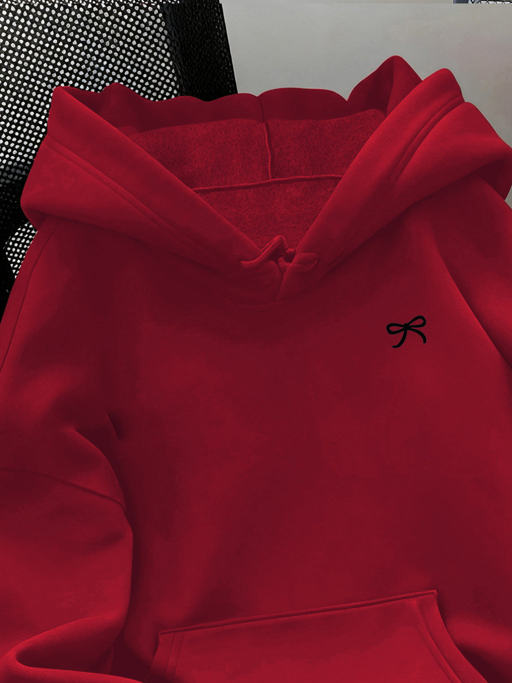 Women'S Fashion Classic Cute Bowknot Pattern Print Autumn/Winter Warm Lined Sweatshirt Hoodie Women'S Everyday Wear Top Kangaroo Pocket - Burgundy