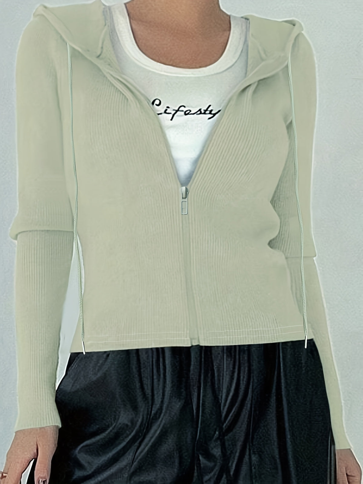 Women's Slim-Fit Solid Color Hooded Long Sleeve Casual Jacket - Yellow-green