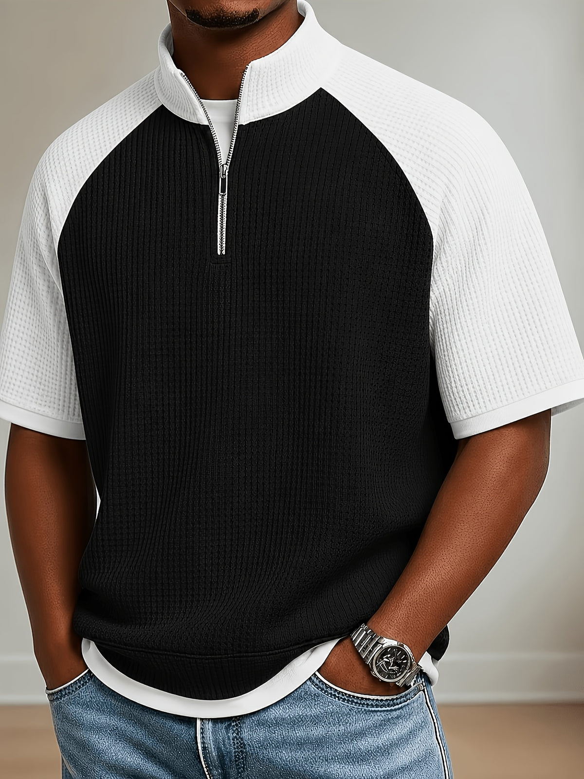 Men's Waffle Knit Half-Zip Polo Shirt, Loose Fit, Black and White Color Block Stand Collar Raglan Sleeve Short Sleeve Casual Top - Black