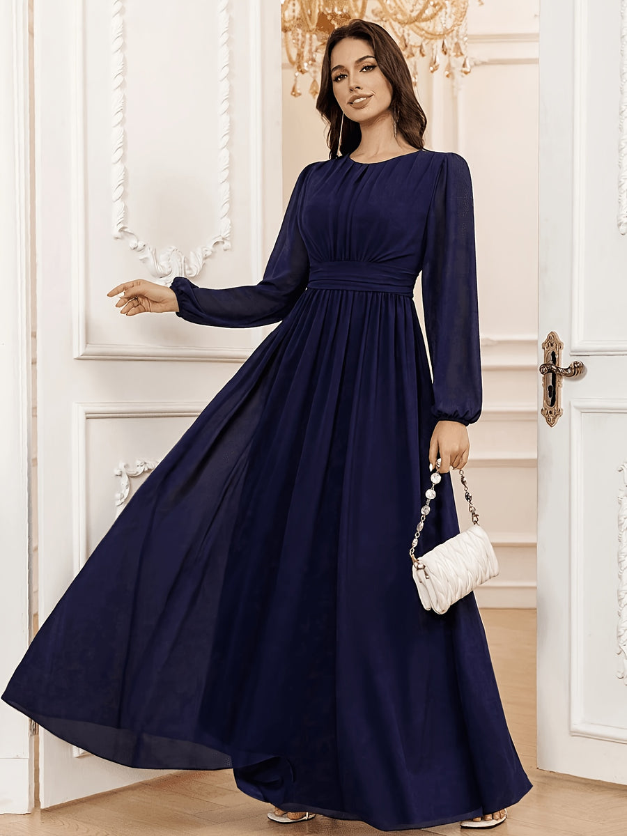 P373 French-Style Elegant, Dynamic, and Flowing A-Line Dress with Waist Cinching and Flared Hem, Suitable for Dates, Dinners, and Weddings, for Women and Bridesmaids - Navy Color