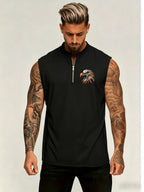 Men'S Summer New Style Sleeveless Zipper Henley Shirt, Outdoor Fitness Sports Comfortable Casual Fashion Sleeveless POLO Top - Black