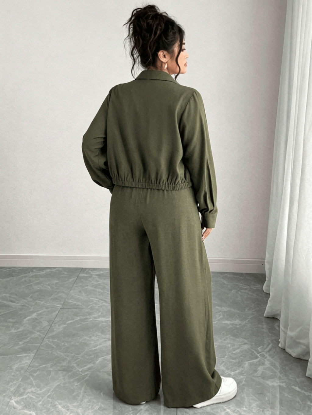 Plus Size Women'S Solid Color Autumn Casual Two-Piece Home Wear, Hidden Placket Long Sleeve Shirt And Elastic Waist Long Pants Set - fern green