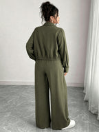 Plus Size Women'S Solid Color Autumn Casual Two-Piece Home Wear, Hidden Placket Long Sleeve Shirt And Elastic Waist Long Pants Set - fern green