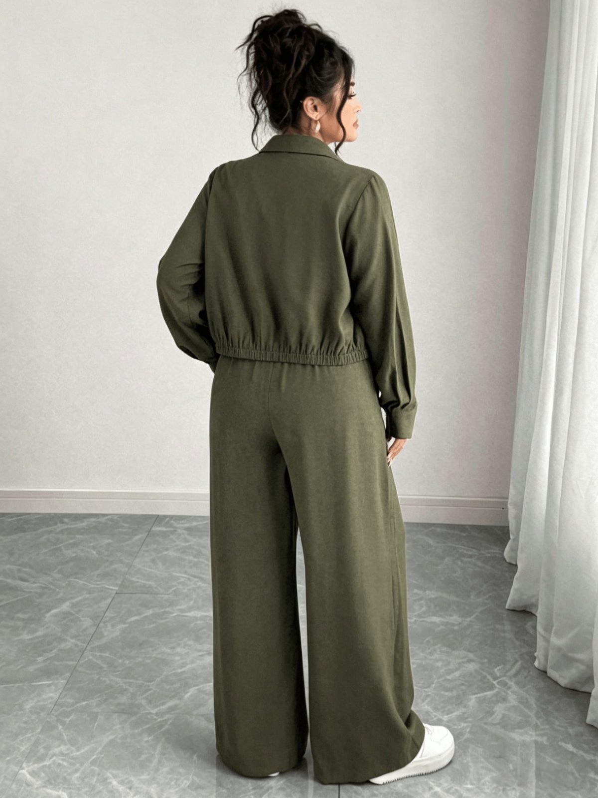 Plus Size Women'S Solid Color Autumn Casual Two-Piece Home Wear, Hidden Placket Long Sleeve Shirt And Elastic Waist Long Pants Set - fern green
