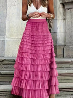 Elegant Mesh Long Cake Skirt with Elastic Waist - Rose Red