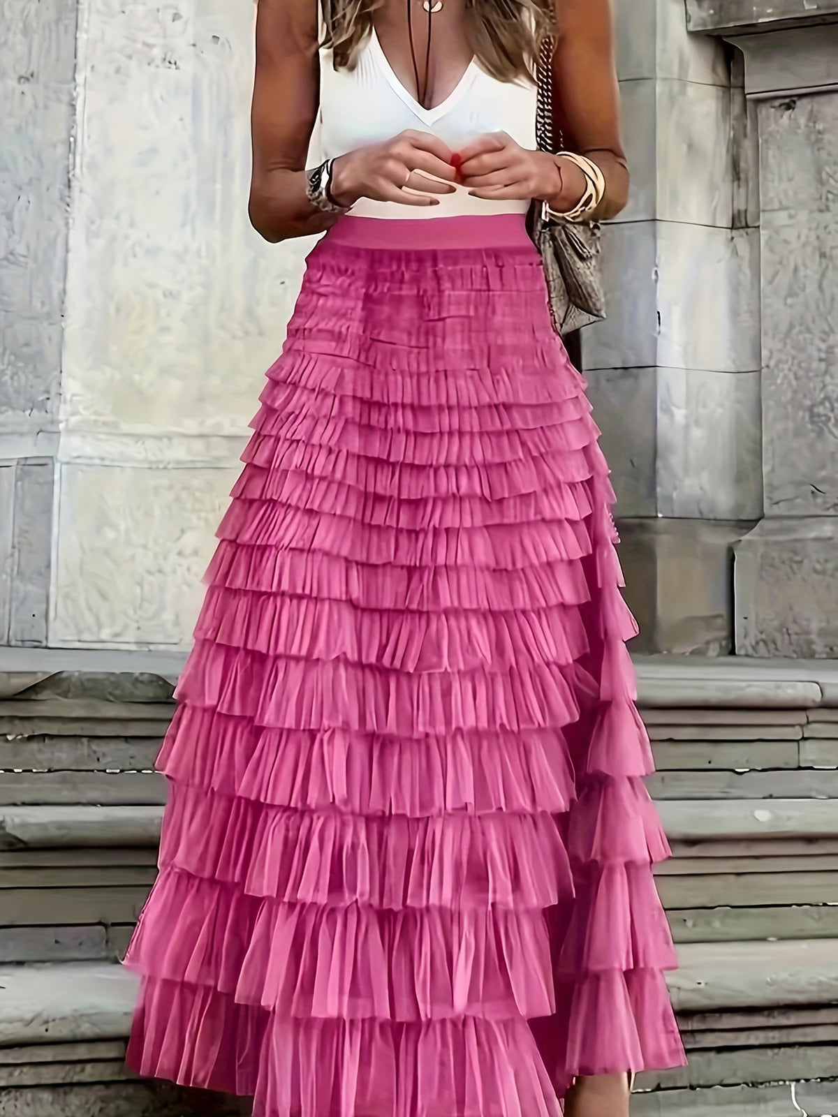 Elegant Mesh Long Cake Skirt with Elastic Waist - Rose Red