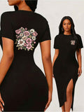 Black Floral-Print Bodycon Dress with Side Slit Back, Short Sleeve, Feminine Fit for Casual Or Party Wear - Black