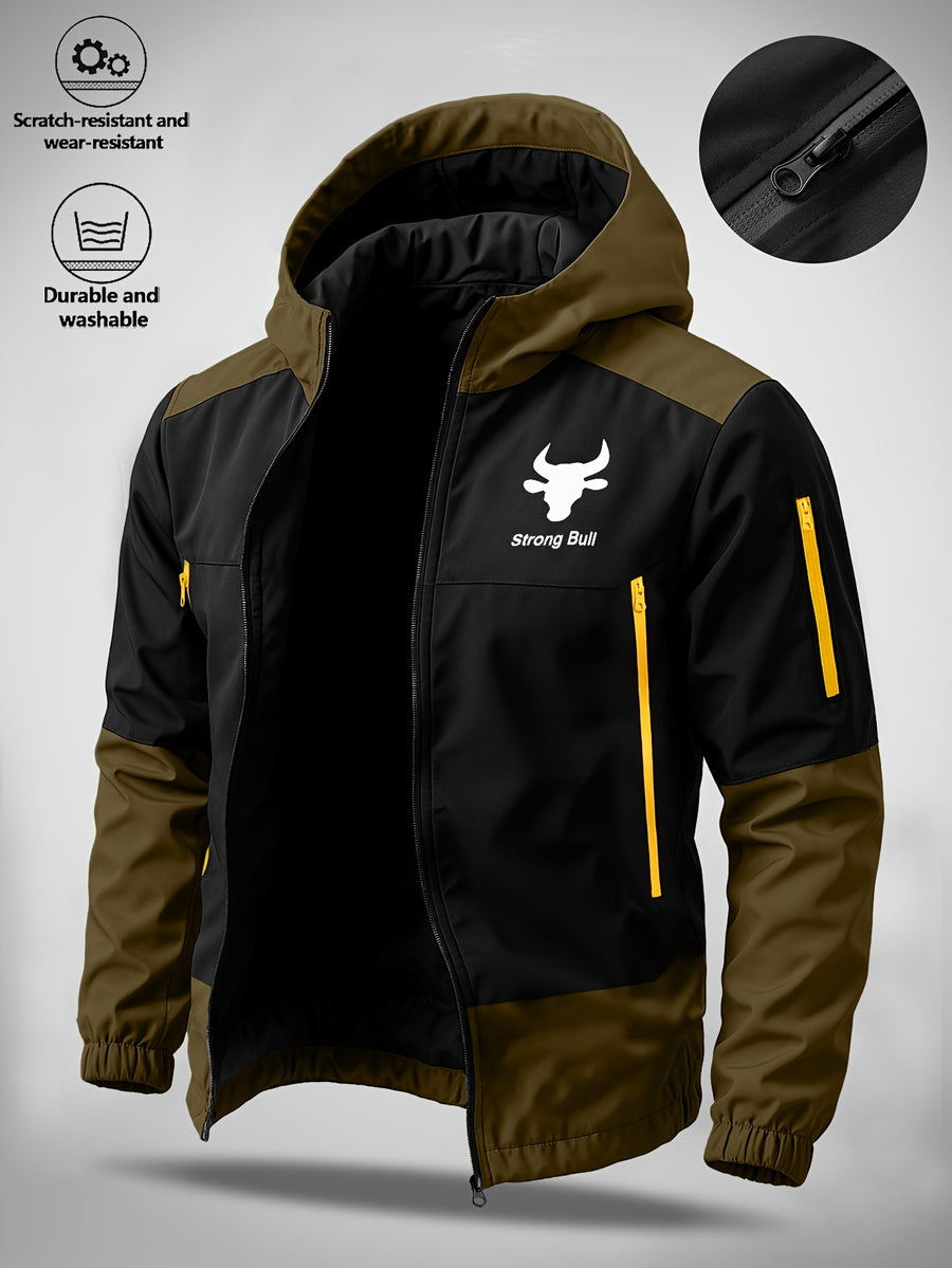Men's Hooded Jacket with Bull Logo Colorblock Hooded Outdoor Jacket, Men's Sporty Casual Outerwear, JK1859 - Dark Khaki 2