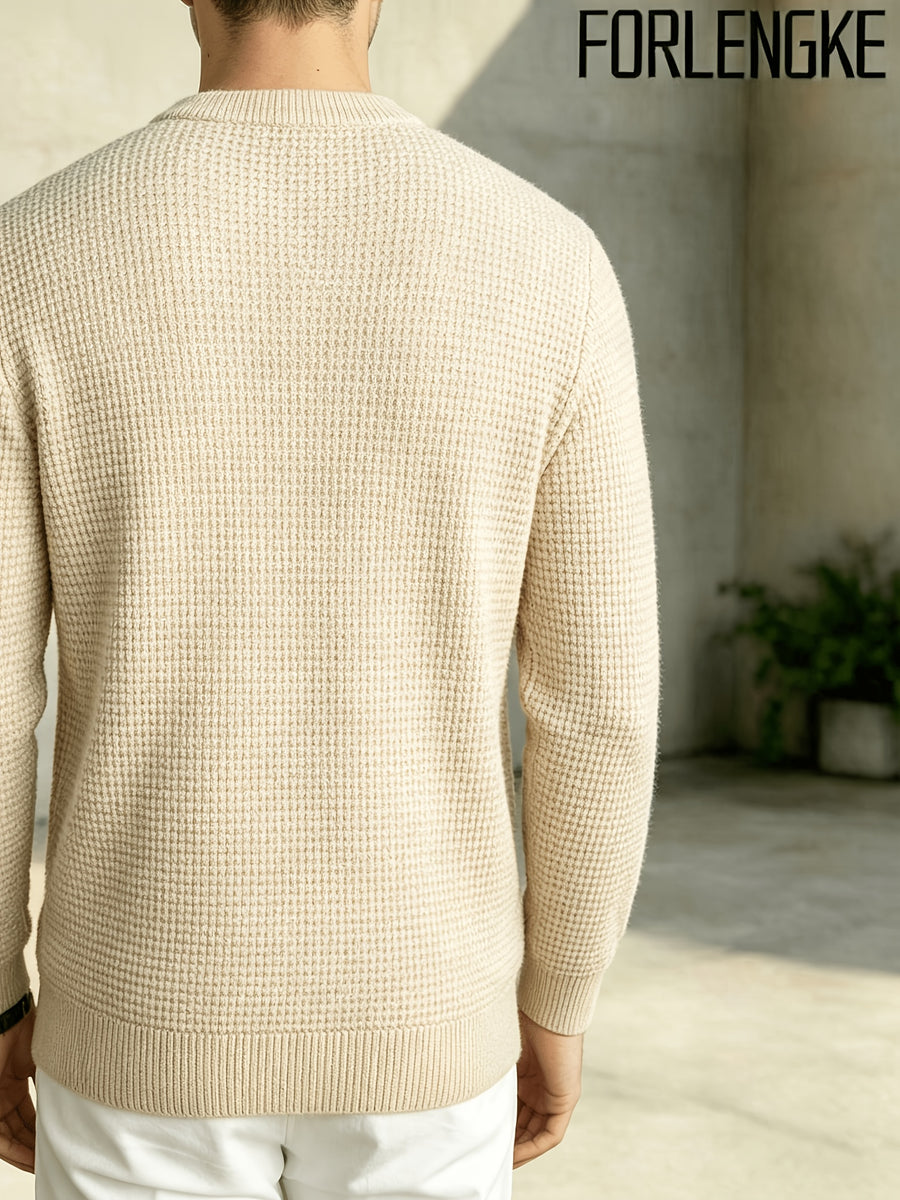 FORLENGKE Men Business Casual Henley Collar Cable Knit Sweater, Soft Warm Long Sleeve Pullover Tops for Autumn Winter Office Daily Wear - Flower Yellow