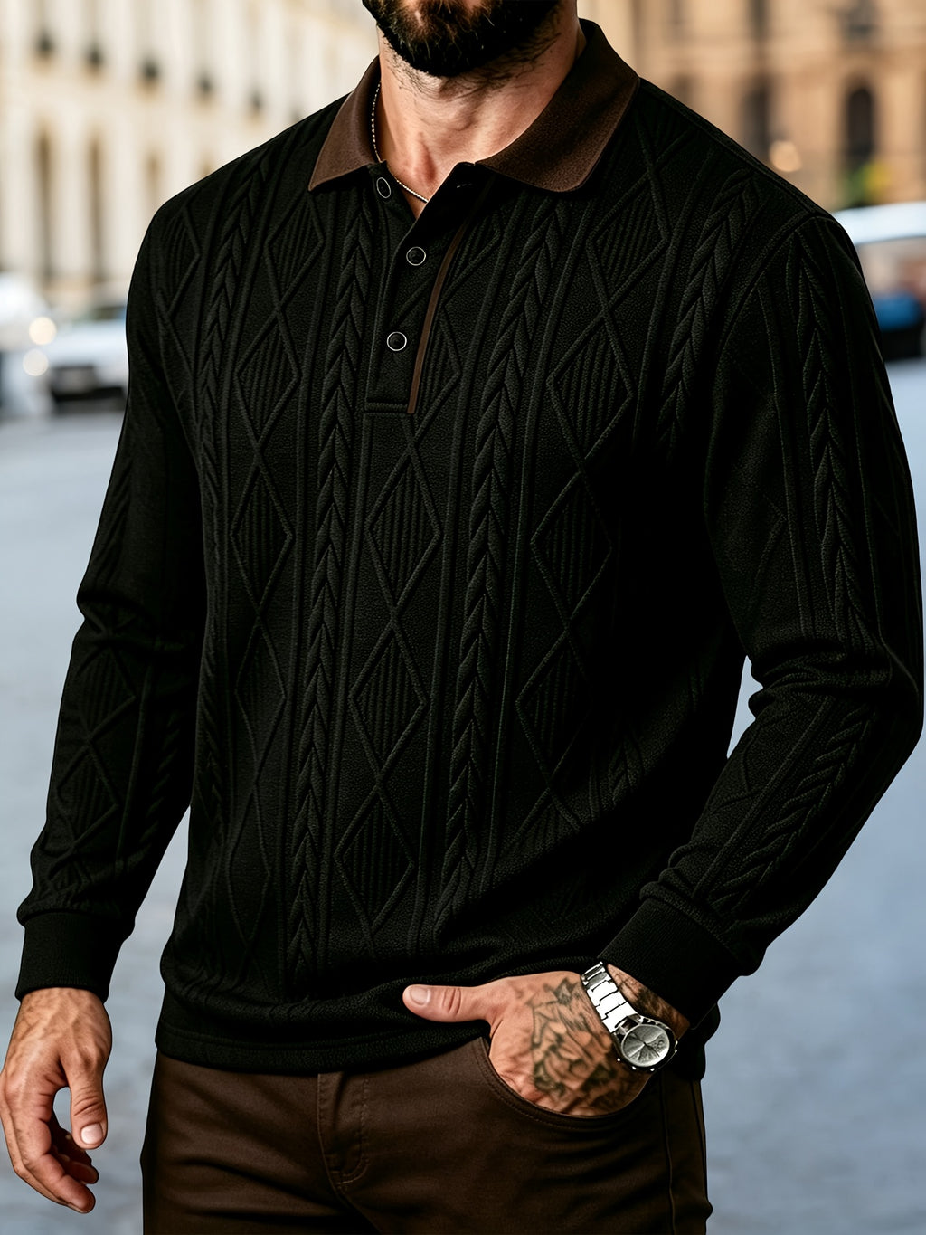 Men's Fashion Long-Sleeve POLO Shirt, Color-Blocked Lapel Jacquard Design T-Shirt, Essential Golf Polo Wear, Breathable, Warm, Skin-Friendly, and Comfortable, for Indoor Gatherings and Outdoor Sports, Casual Vacation Trendy Style - Black