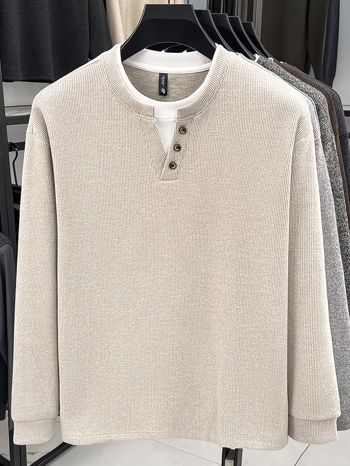 Autumn/Winter New V-Neck Button Design Color-Blocked Spliced Crew Neck Men's Sweater, Thickened Warm Versatile Casual Knitwear, Skin-Friendly and Comfortable, Durable and Breathable Pullover Men's Top BD26806 - Apricot