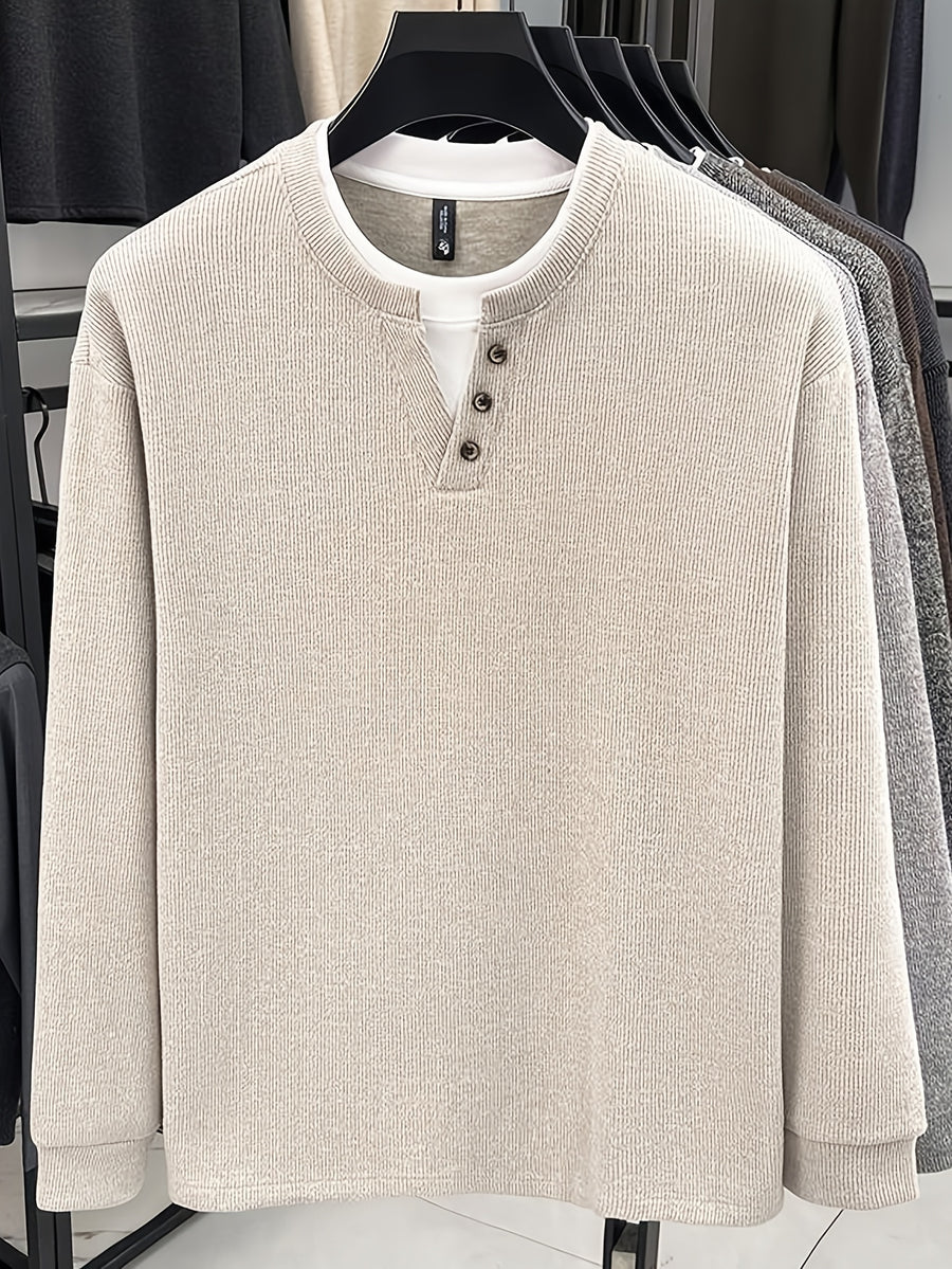 Autumn/Winter New V-Neck Button Design Color-Blocked Spliced Crew Neck Men's Sweater, Thickened Warm Versatile Casual Knitwear, Skin-Friendly and Comfortable, Durable and Breathable Pullover Men's Top BD26806 - Apricot