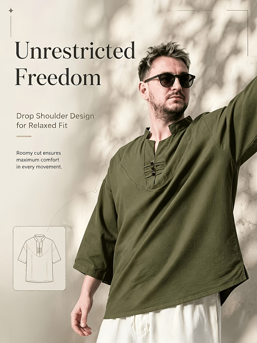 2pcs/Men'S Casual Shirts, New Linen V-Neck Casual Pullover Shirts for Daily Casual Wear, Solid Color 3/4 Sleeve Design, Suitable for Spring, Summer, And Autumn, Quick-Dry Non-Stretch Fabric, Loose Fit, Perfect Gift! - Tactical Green