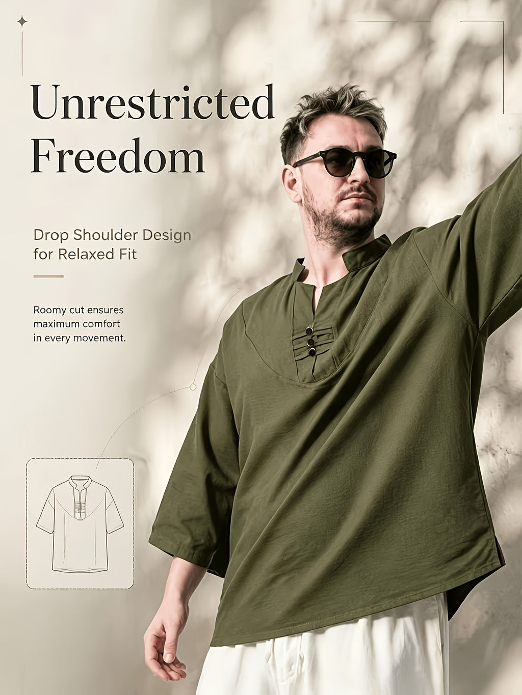 2pcs/Men'S Casual Shirts, New Linen V-Neck Casual Pullover Shirts for Daily Casual Wear, Solid Color 3/4 Sleeve Design, Suitable for Spring, Summer, And Autumn, Quick-Dry Non-Stretch Fabric, Loose Fit, Perfect Gift! - Tactical Green