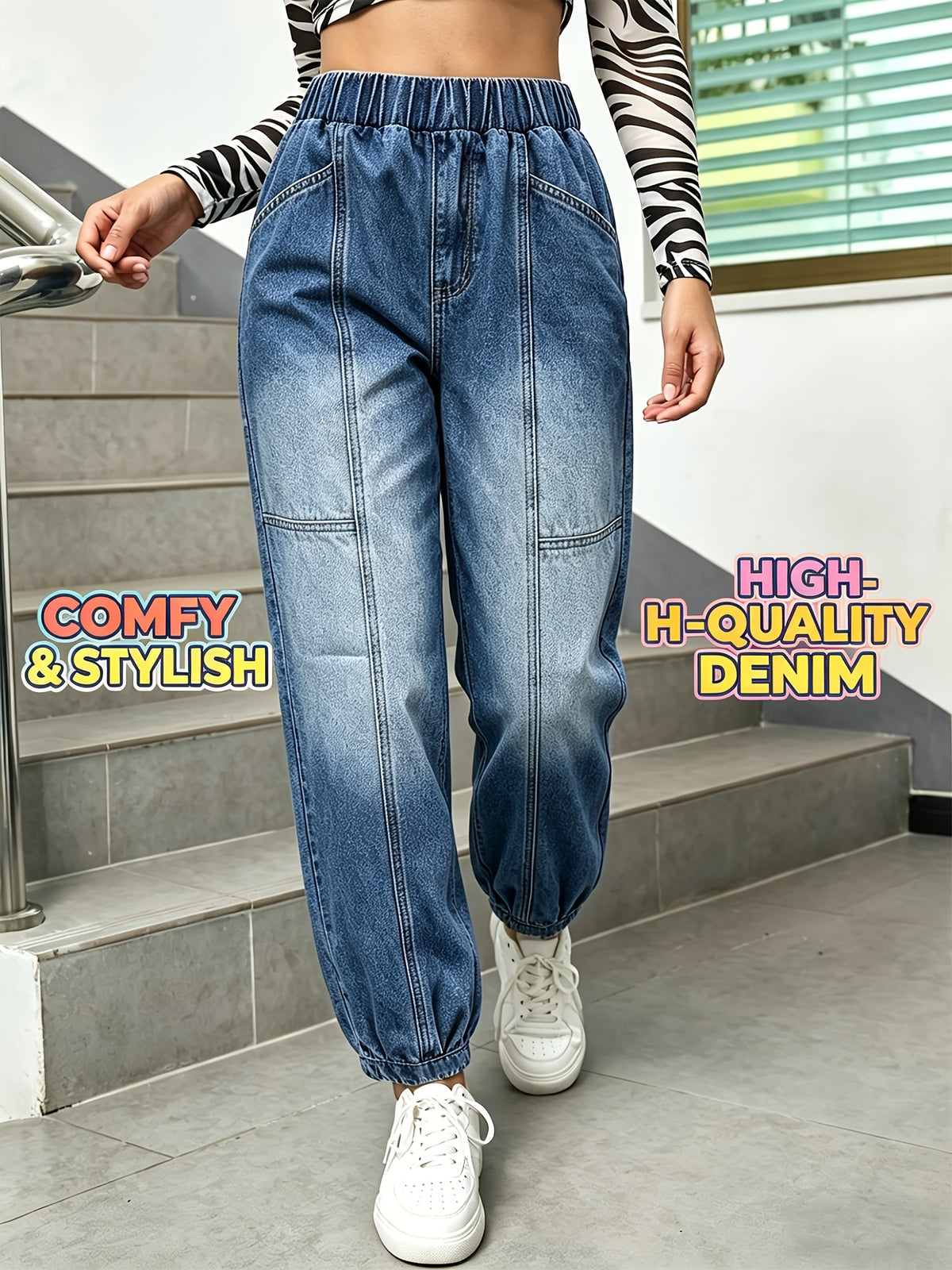 Women'S Summer High Quality Elegant Long Jeans Elastic Waist Loose Baggy Cuffed Harem Denim Pants Casual Daily Commute Outing Vintage Washed Gradient Color Multi Pocket Topstitching Back Patch Pocket Detail - Medium Blue