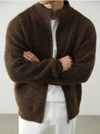 Men'S Plus Size Chunky Knit Cardigan, Full-Zip Stand Collar Sweater Coat, Solid Color Loose Warm Velvet Jacket for Autumn/Winter, Thick - Dark Brown