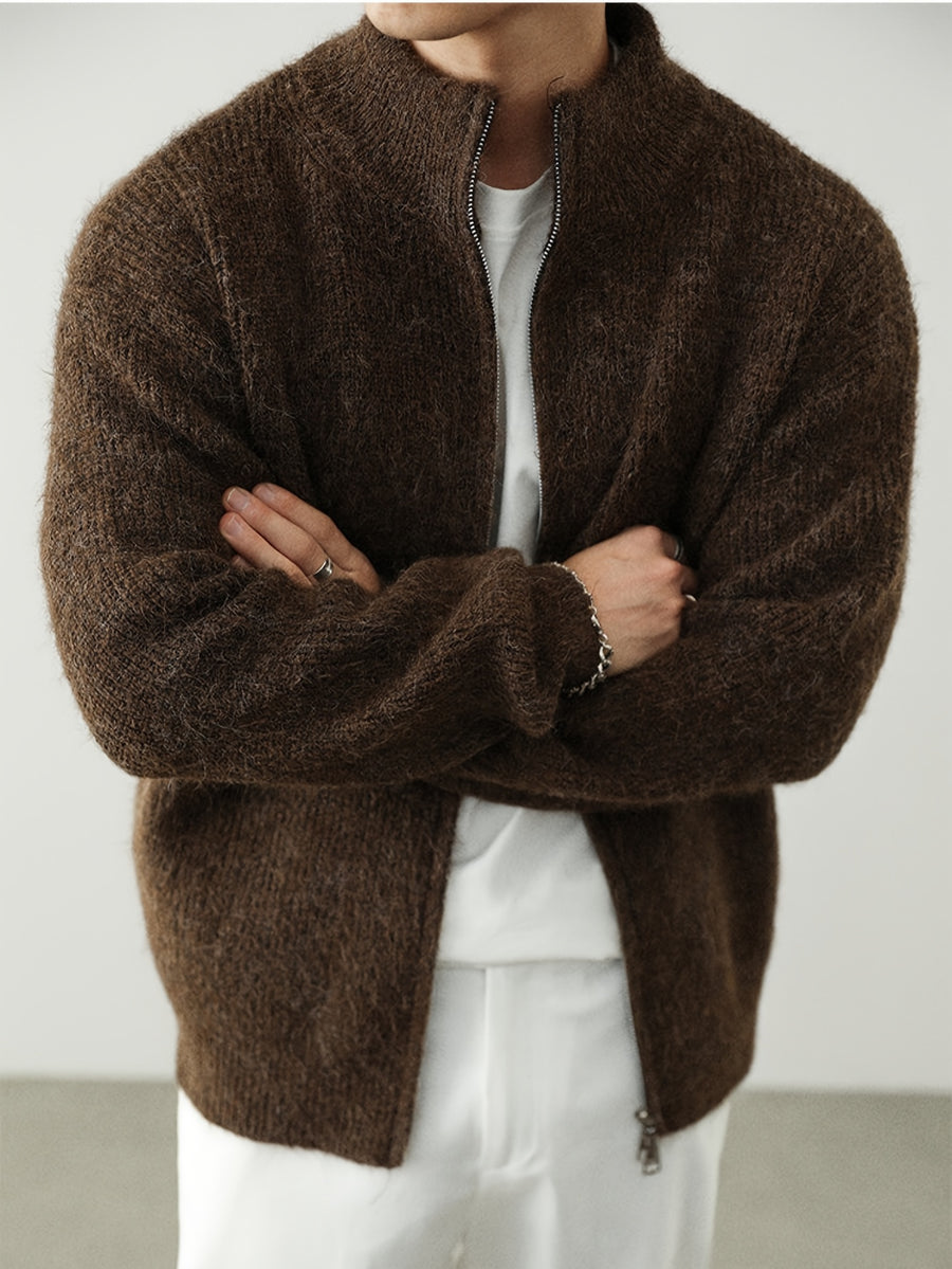 Men'S Plus Size Chunky Knit Cardigan, Full-Zip Stand Collar Sweater Coat, Solid Color Loose Warm Velvet Jacket for Autumn/Winter, Thick - Dark Brown