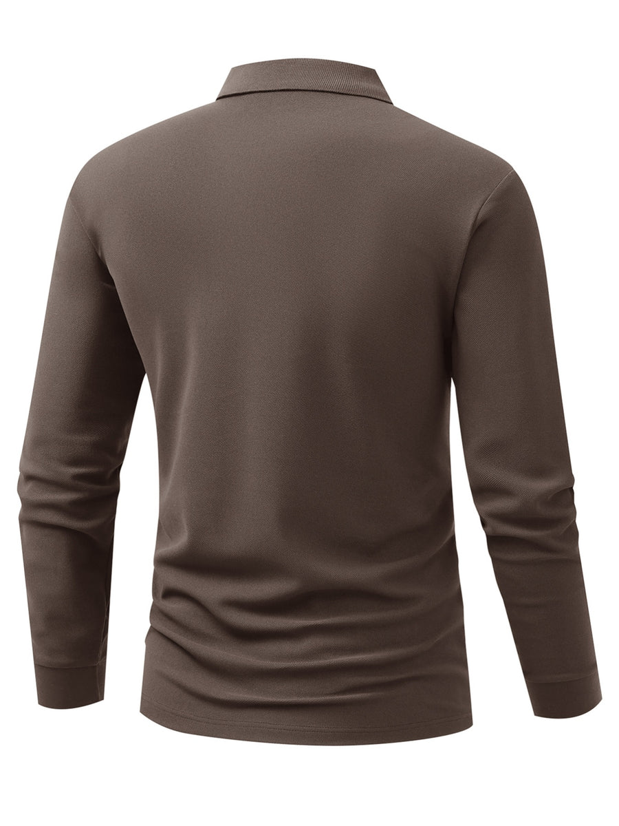 Golf Logo Premium Men'S Casual Polo Shirt, Light Luxury Lapel Long Sleeve, Versatile Fit, Comfortable Fabric, Non-Iron, Suitable for Business Casual Outfits, Men'S Top - Coffee Color