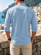 Men'S Spring Autumn New Thin Half-Button Stand Collar Linen T-Shirt Casual All-Match Athletic Trendy Fashion Commuting Fitness Thin Comfortable Loose Long Sleeve T-Shirt - Sky Blue