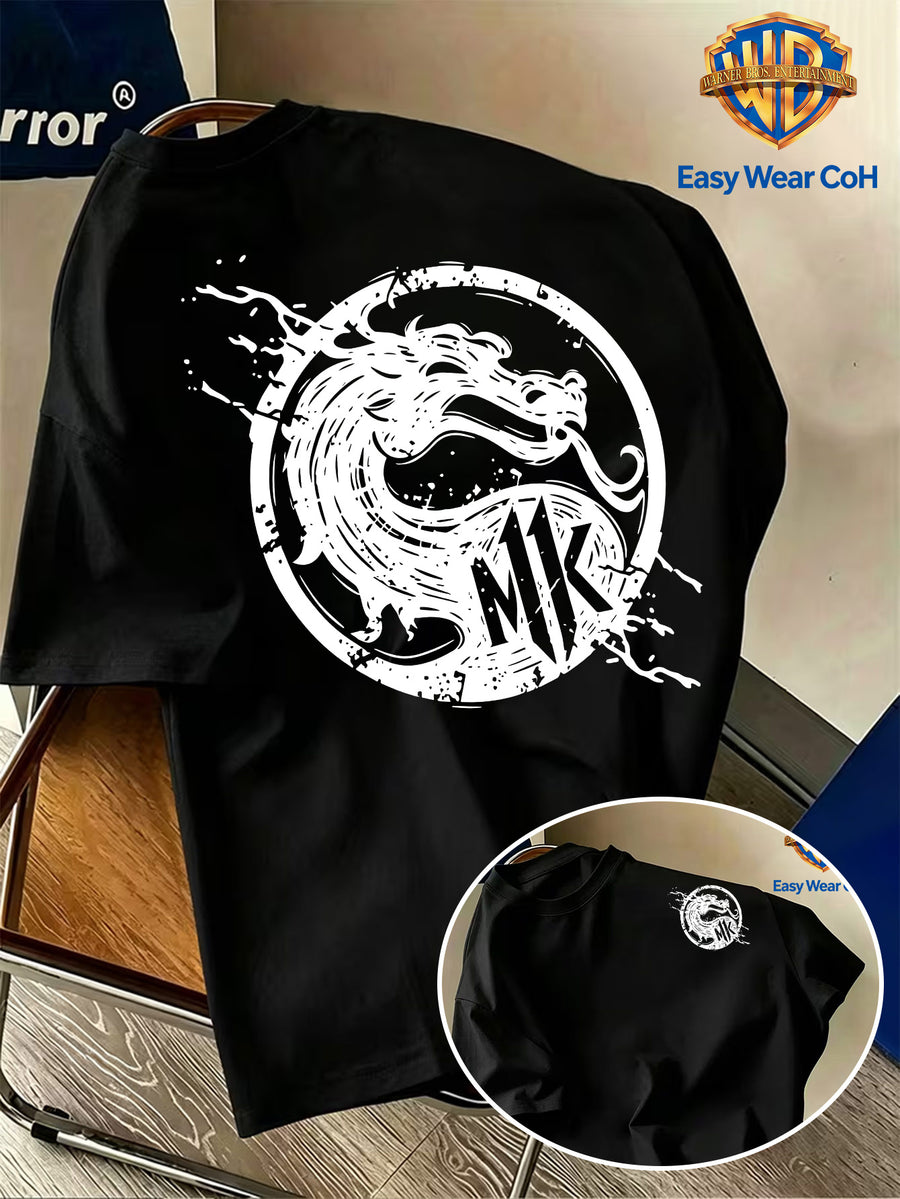 Warner Bros. Official Men's Double-Sided Front and Back Print Short-Sleeve T-Shirt, Featuring a Hand-Drawn Sketch Dragon Logo with a Splatter Ink Creative Design. The Handwritten Scrawl Lines Create a Rich Atmospheric Feel. The Fabric Is Breathable - Black