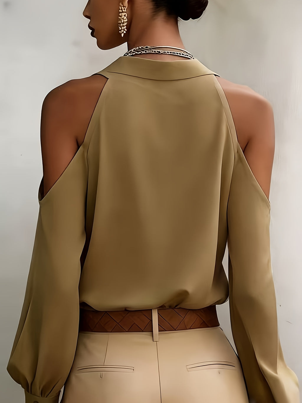 Women's Elegant Top, Summer Off-Shoulder Solid Color Blouse, for Commuting, Dating, and Daily Versatile Wear, with Lapel Collar and Buttons, Solid Color Long Sleeve Shirt ASD1 - Khaki