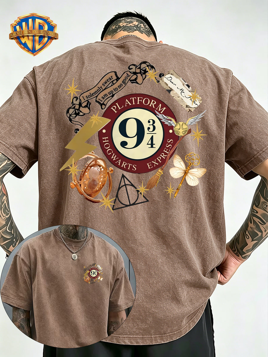 Warner Bros Official Vintage Magic Props Collection Print Washed Distressed T-Shirt, Men's 100% Pure Fabric, Casual and Comfortable Style, Loose Fit Breathable Short Sleeve Men's Casual Top, Distressed Washed Loose Fit - Khaki