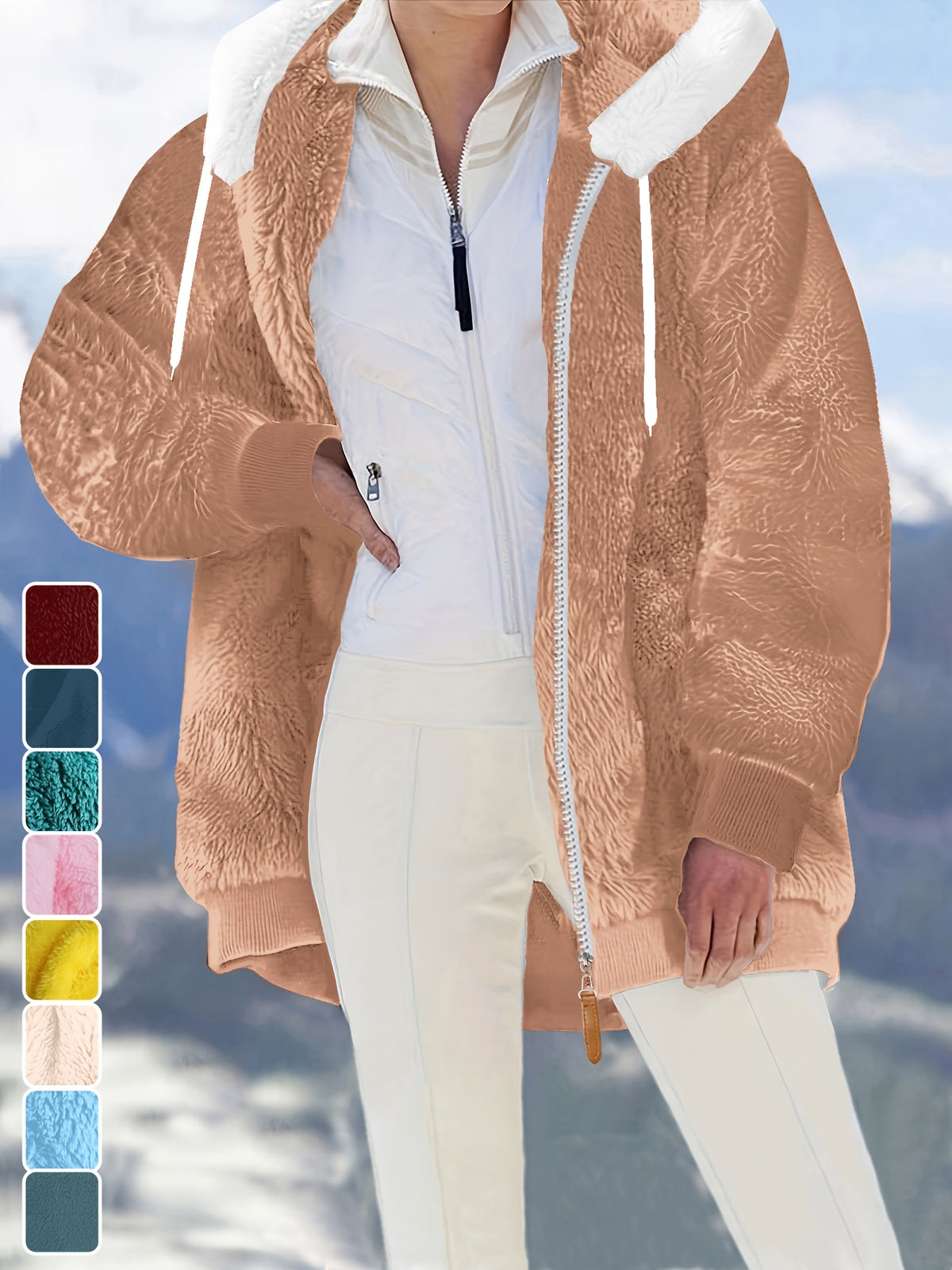 Ladies Autumn Winter Relaxed Cut Plush Hooded Outercoat, Contrast Color Trim Zip Front Warm Lined Jacket, Ribbed Cuff Windproof Casual Outerwear for Daily Commuting and Cold Season Everyday Styling - The color of rouge