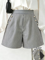 Women's Striped Button Pocket Shorts - Non-Stretch Casual Commuter Shorts with Button Closure Pockets, Striped Suitable for Spring Summer Fall, Machine Washable Shorts for Office, Casual Attire & Layering (No Elastic) - Black