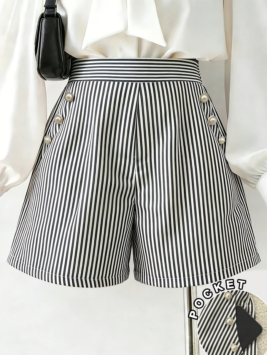 Women's Striped Button Pocket Shorts - Non-Stretch Casual Commuter Shorts with Button Closure Pockets, Striped Suitable for Spring Summer Fall, Machine Washable Shorts for Office, Casual Attire & Layering (No Elastic) - Black