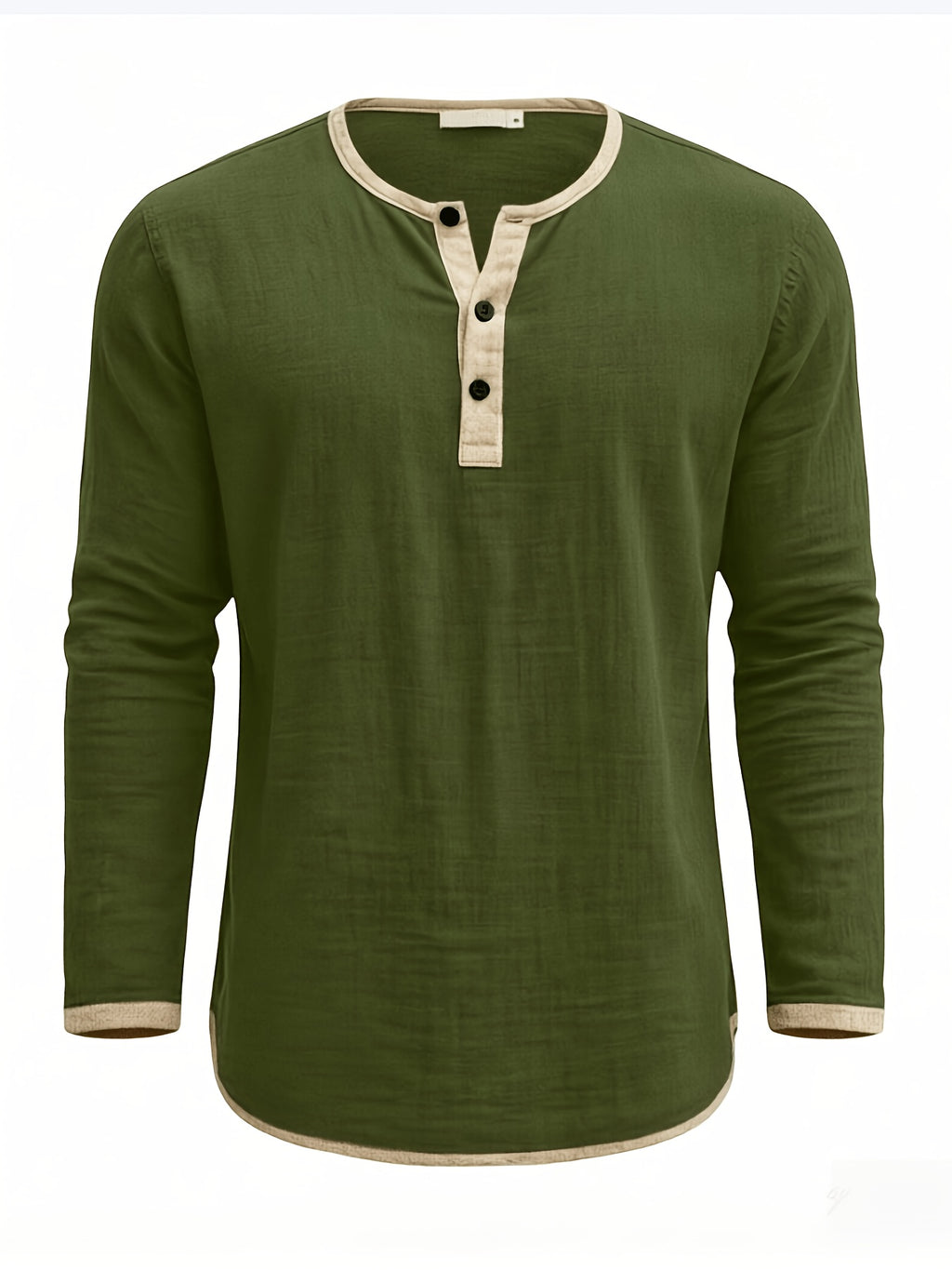Men's Retro Color-Block Cotton And Linen Blend Button-Up Henley Long Sleeve Polo Shirt, 2pcs. Breathable & Relaxed Fit. Casual Outdoor, Work & Party Wear. Versatile Spring/Fall/Autumn Layering Essential - Dark Gray + Military Green